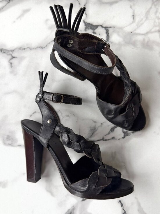 Balenciaga Shoes - Balenciaga Dark Brown Braided Leather Wooden Heels Size 39.5